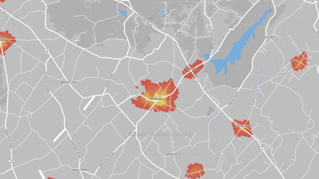 Walk Grade map of Wellsville, PA, walkable areas in green and car-dependent areas in red