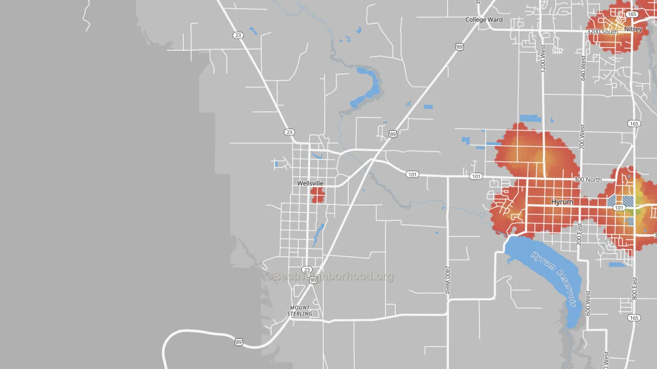 Walk Grade map of Wellsville, UT, walkable areas in green and car-dependent areas in red