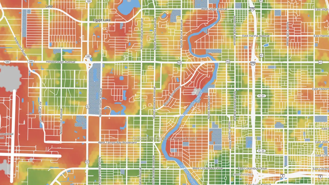 Walk Grade map of Wellswood, Tampa, FL, walkable areas in green and car-dependent areas in red