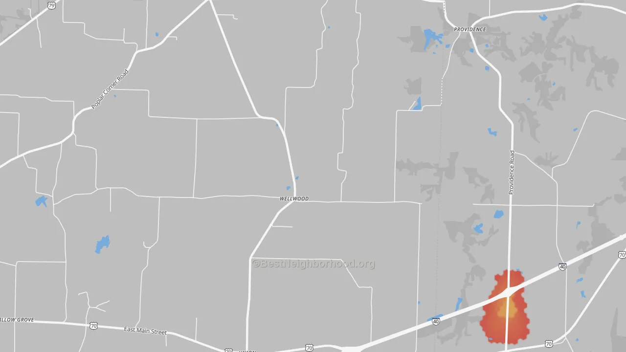 Walk Grade map of Wellwood, TN, walkable areas in green and car-dependent areas in red