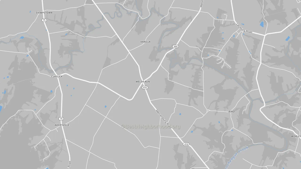 Walk Grade map of Welsh Run, PA, walkable areas in green and car-dependent areas in red
