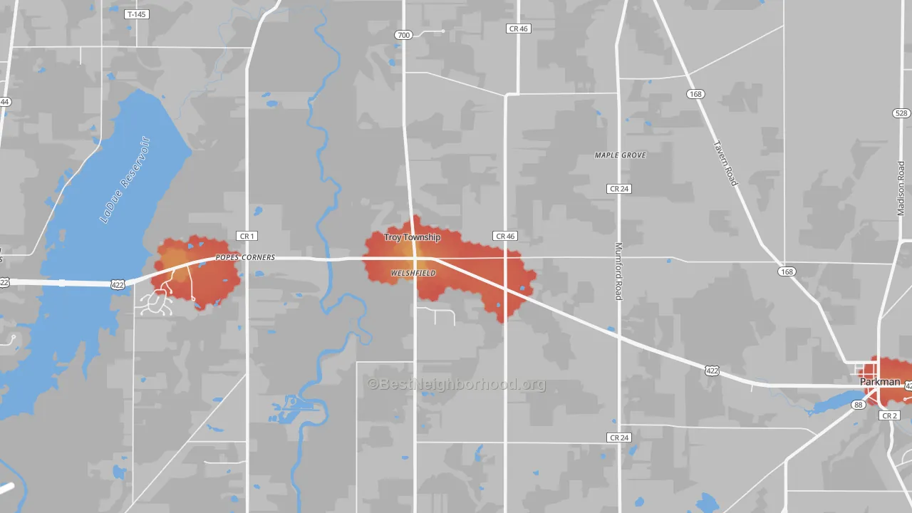 Walk Grade map of Welshfield, OH, walkable areas in green and car-dependent areas in red