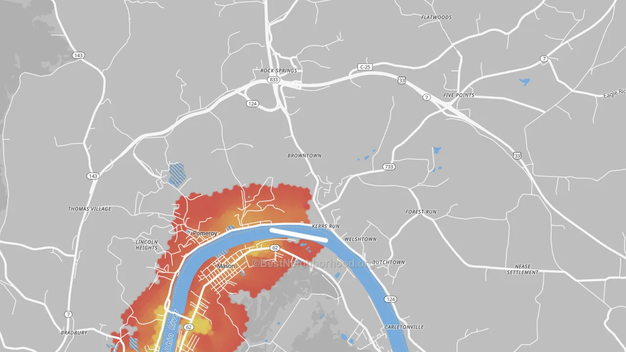 Walk Grade map of Welshtown, OH, walkable areas in green and car-dependent areas in red