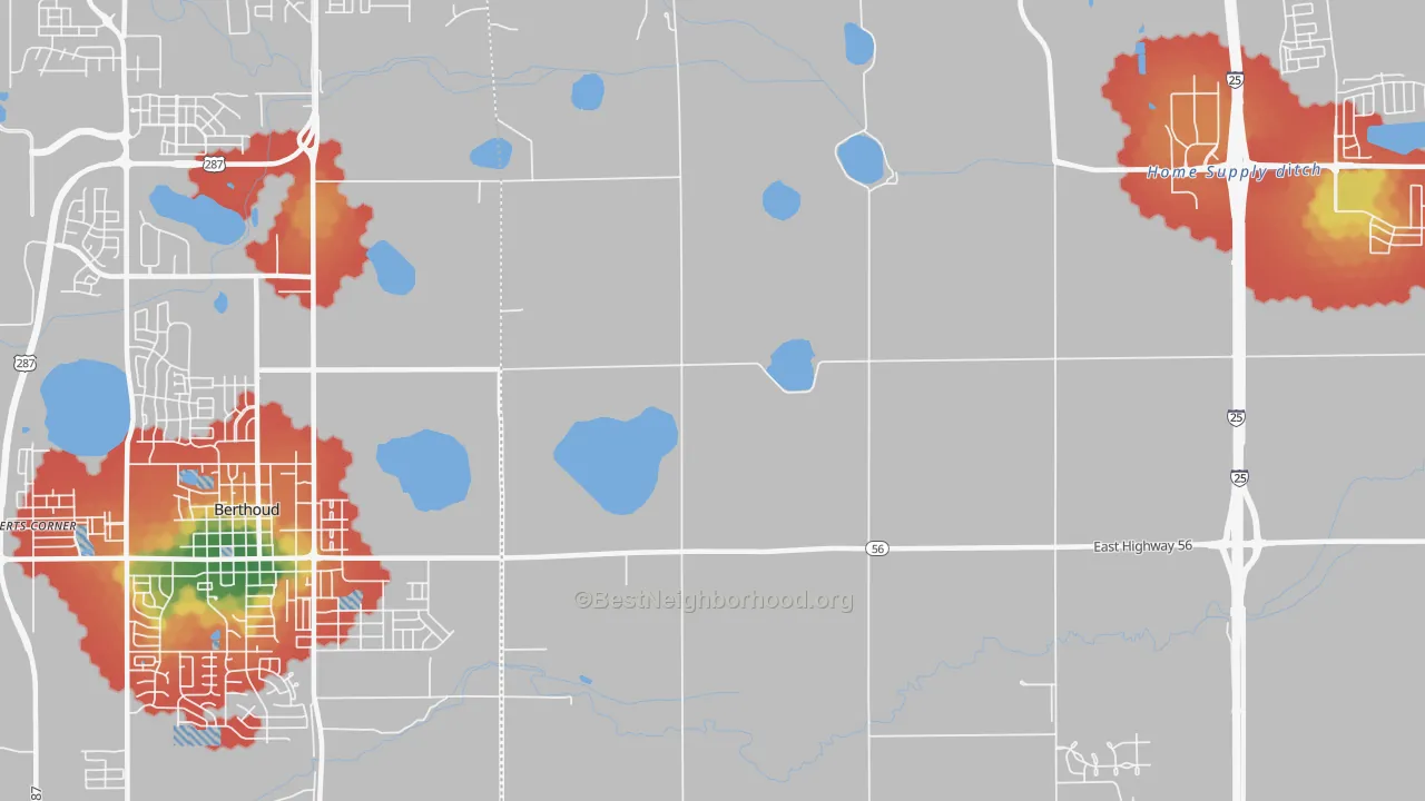 Walk Grade map of Welty, CO, walkable areas in green and car-dependent areas in red