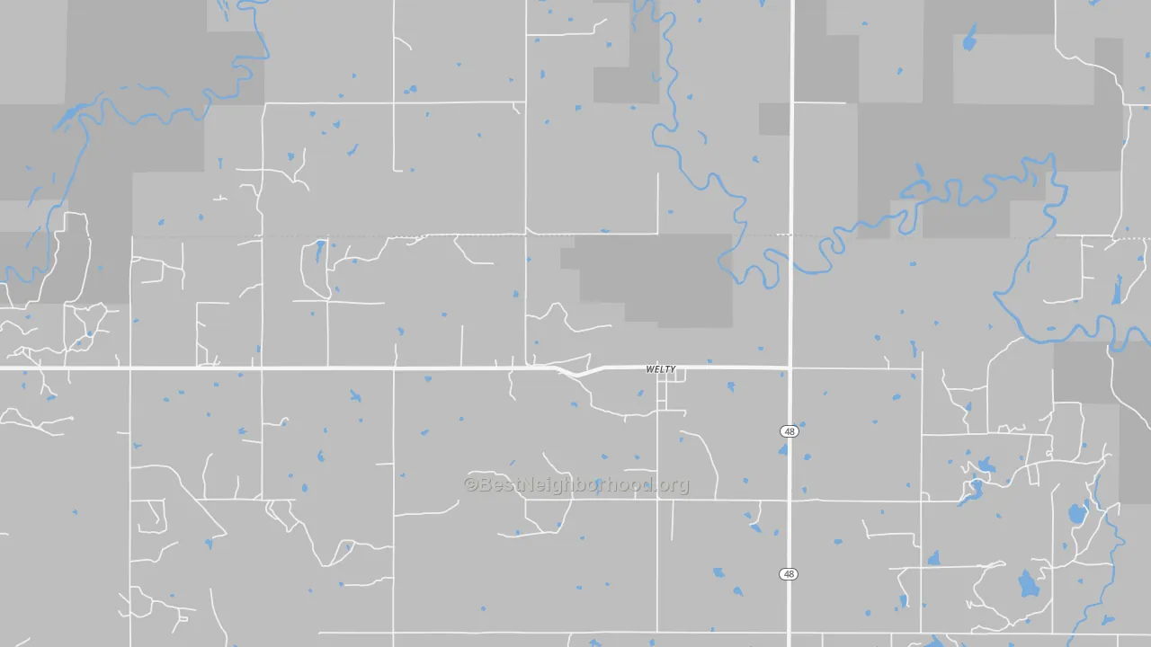 Walk Grade map of Welty, OK, walkable areas in green and car-dependent areas in red