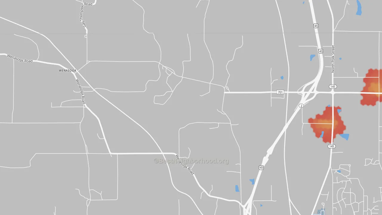 Walk Grade map of Wenasoga, MS, walkable areas in green and car-dependent areas in red