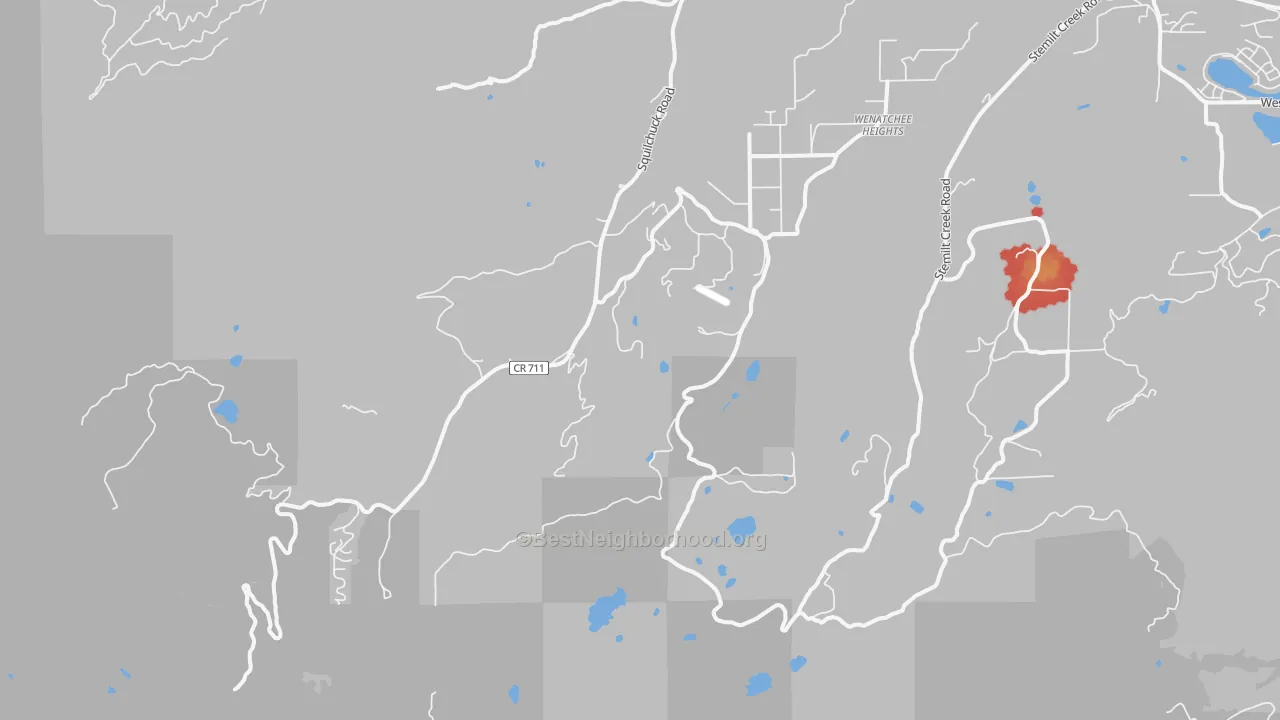 Walk Grade map of Wenatchee Heights, WA, walkable areas in green and car-dependent areas in red