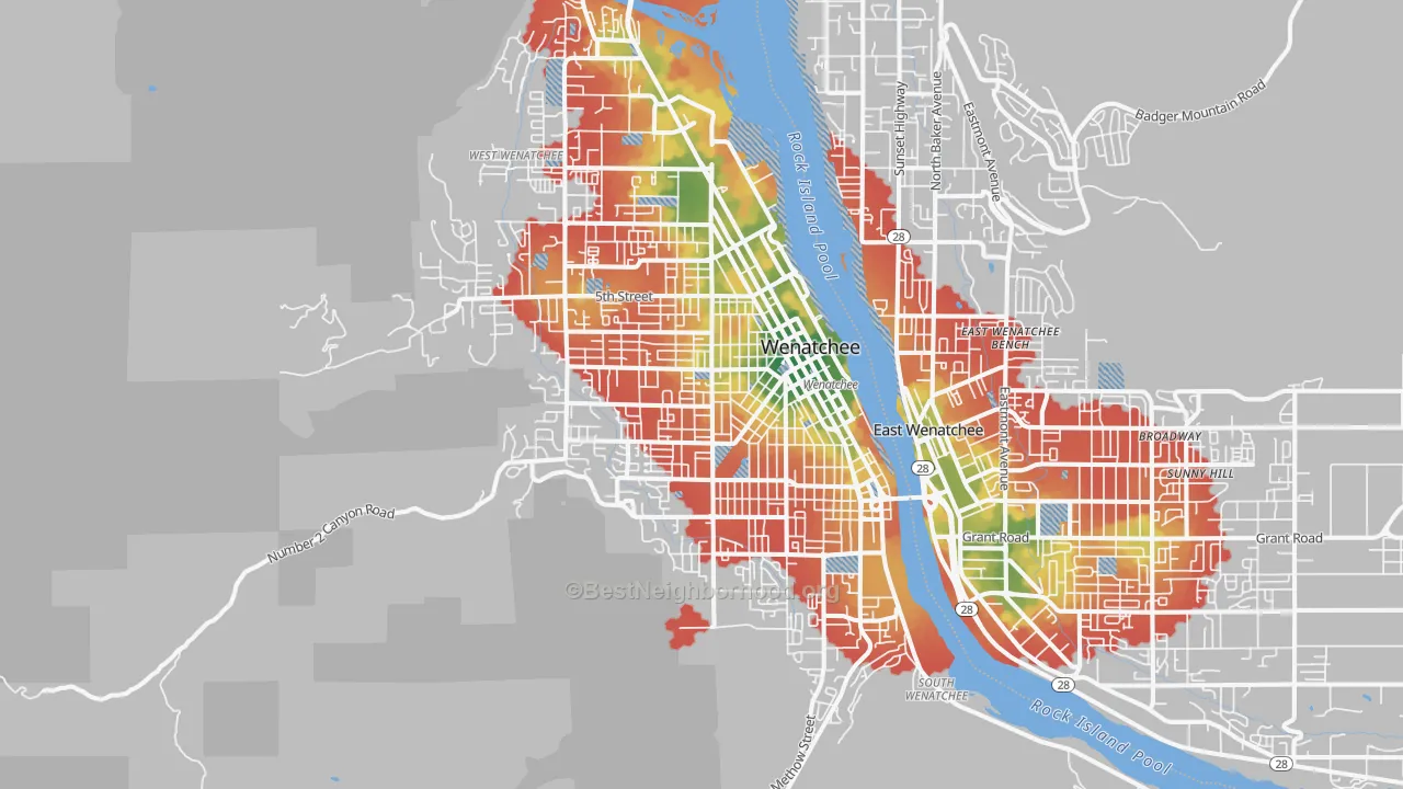 Walk Grade map of Wenatchee, WA, walkable areas in green and car-dependent areas in red