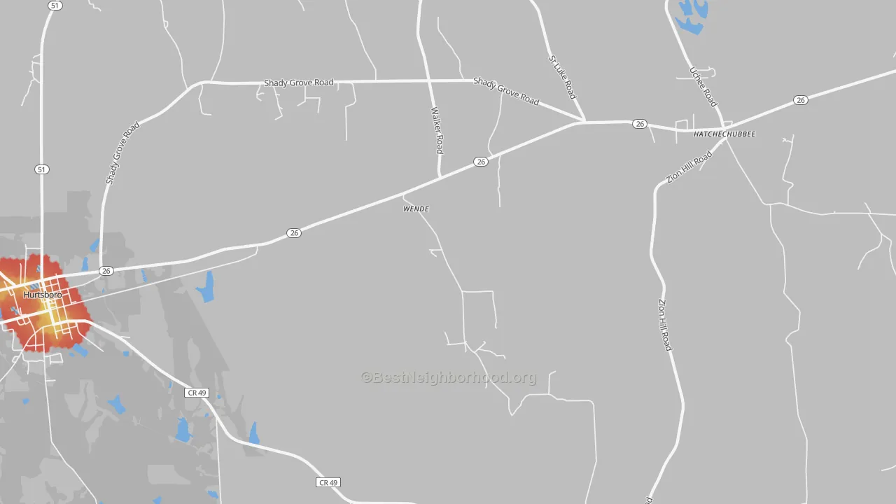 Walk Grade map of Wende, AL, walkable areas in green and car-dependent areas in red