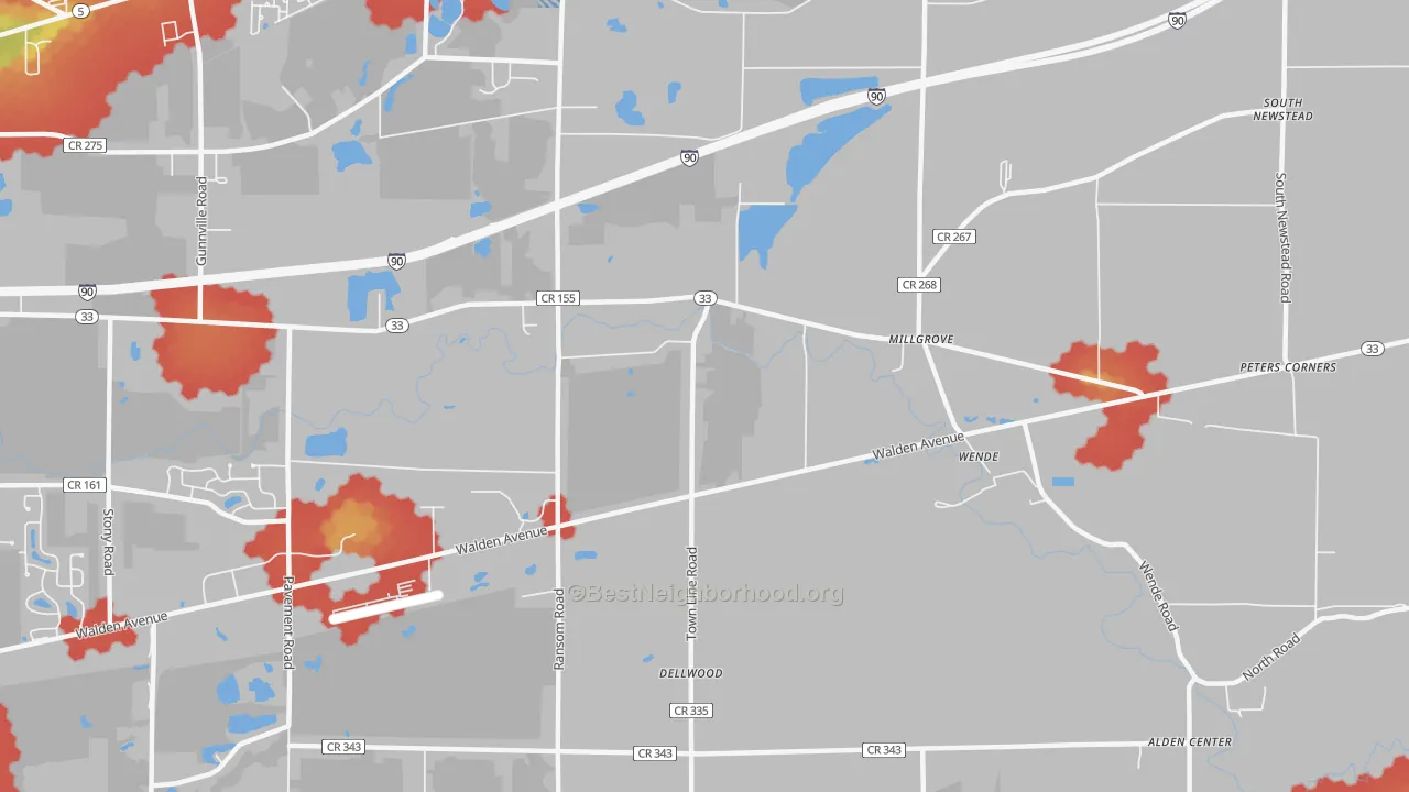 Walk Grade map of Wende, NY, walkable areas in green and car-dependent areas in red
