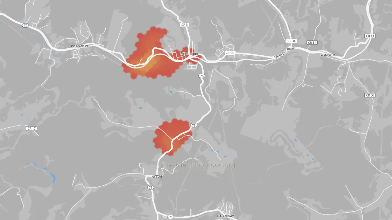 Walk Grade map of Wendel, WV, walkable areas in green and car-dependent areas in red