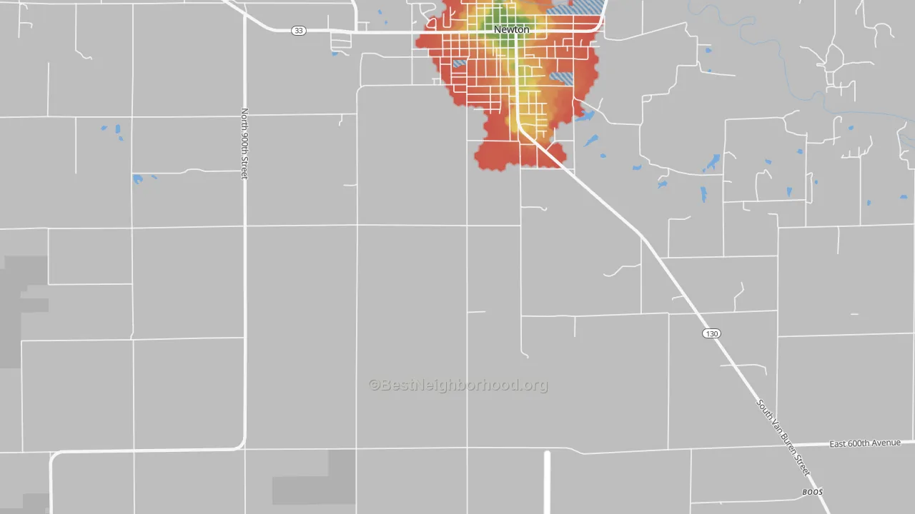Walk Grade map of Wendelin, IL, walkable areas in green and car-dependent areas in red