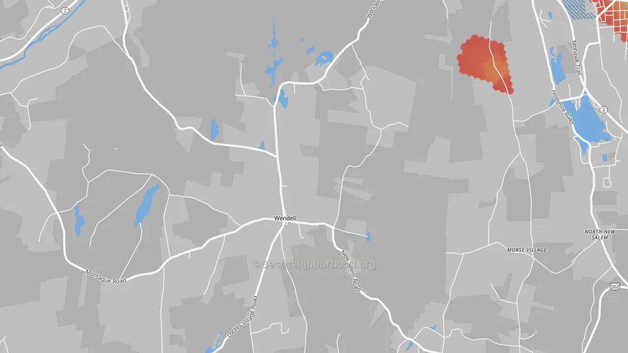 Walk Grade map of Wendell Depot, MA, walkable areas in green and car-dependent areas in red