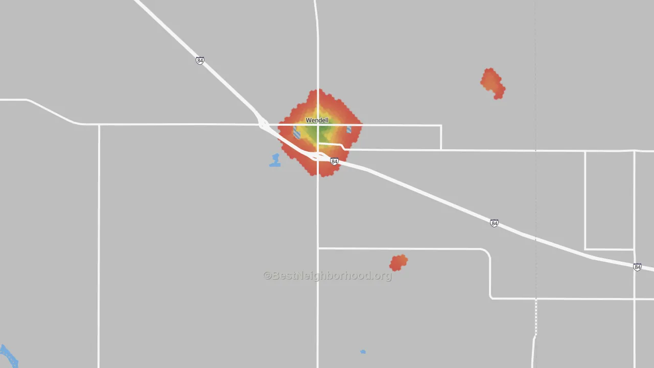 Walk Grade map of Wendell, ID, walkable areas in green and car-dependent areas in red