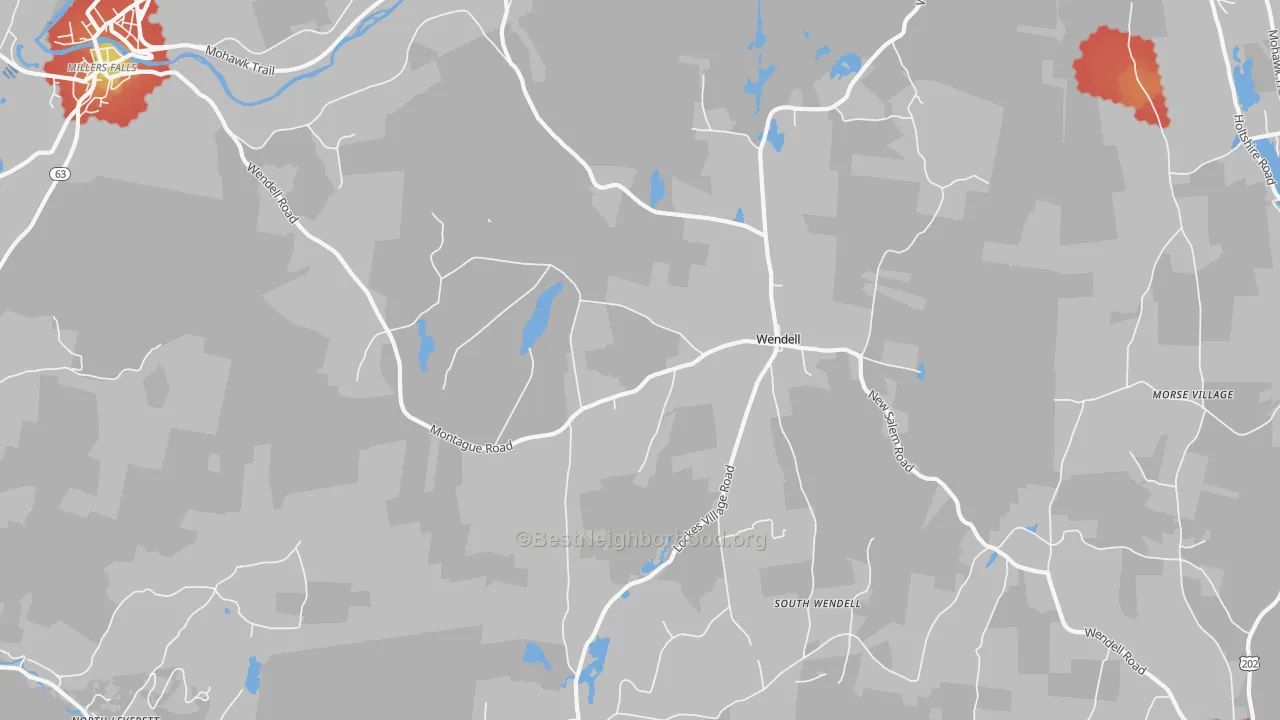 Walk Grade map of Wendell, MA, walkable areas in green and car-dependent areas in red