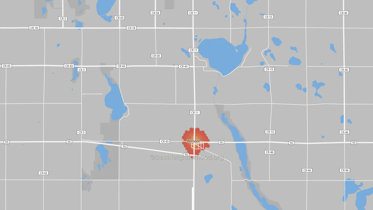 Walk Grade map of Wendell, MN, walkable areas in green and car-dependent areas in red