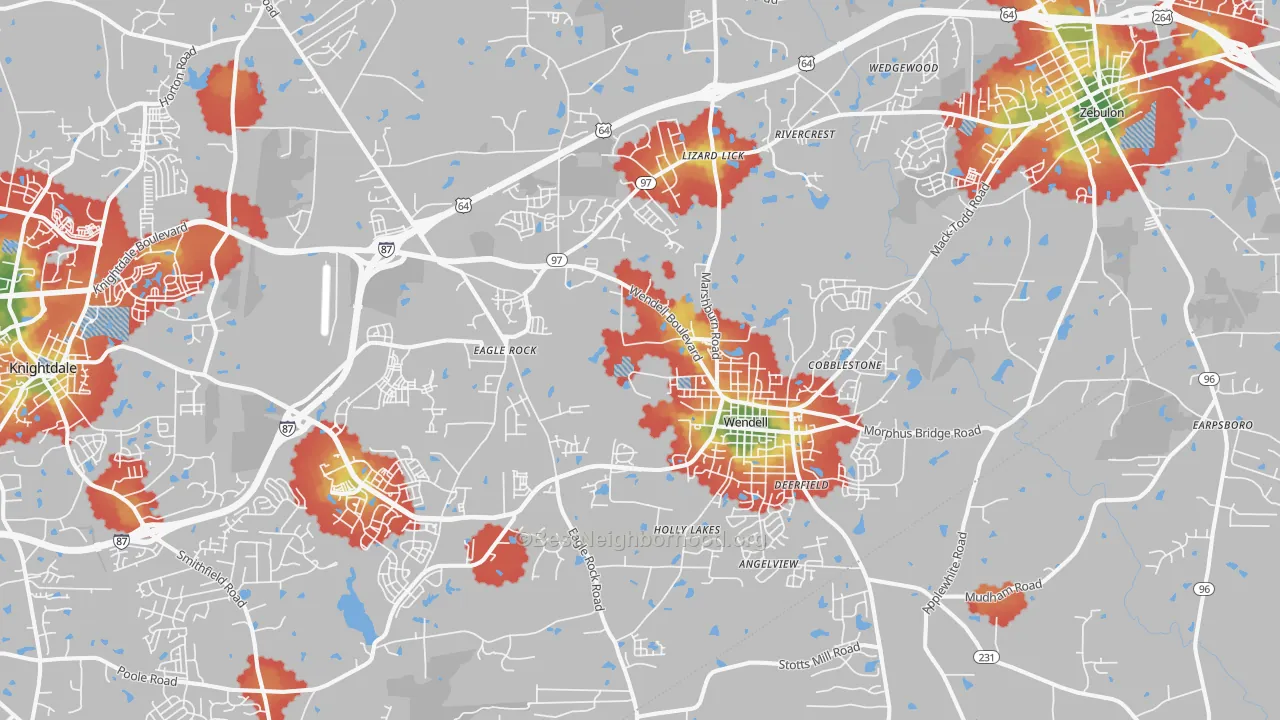 Walk Grade map of Wendell, NC, walkable areas in green and car-dependent areas in red