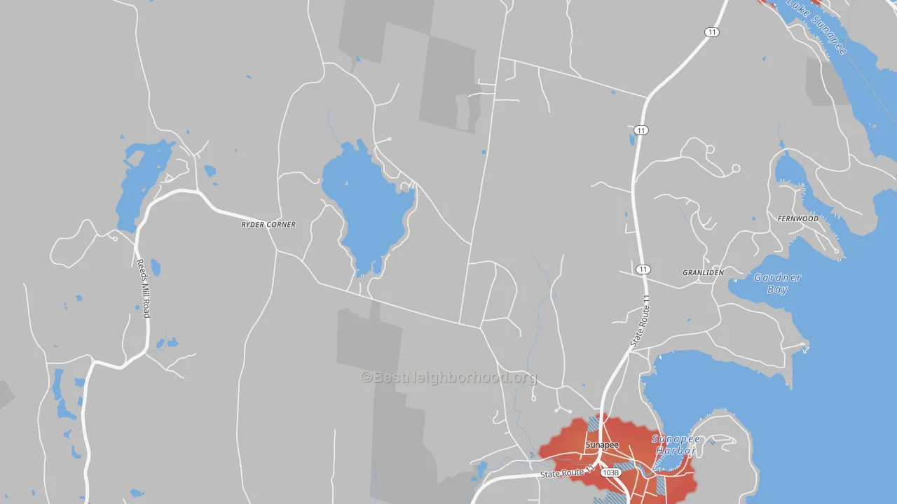 Walk Grade map of Wendell, NH, walkable areas in green and car-dependent areas in red