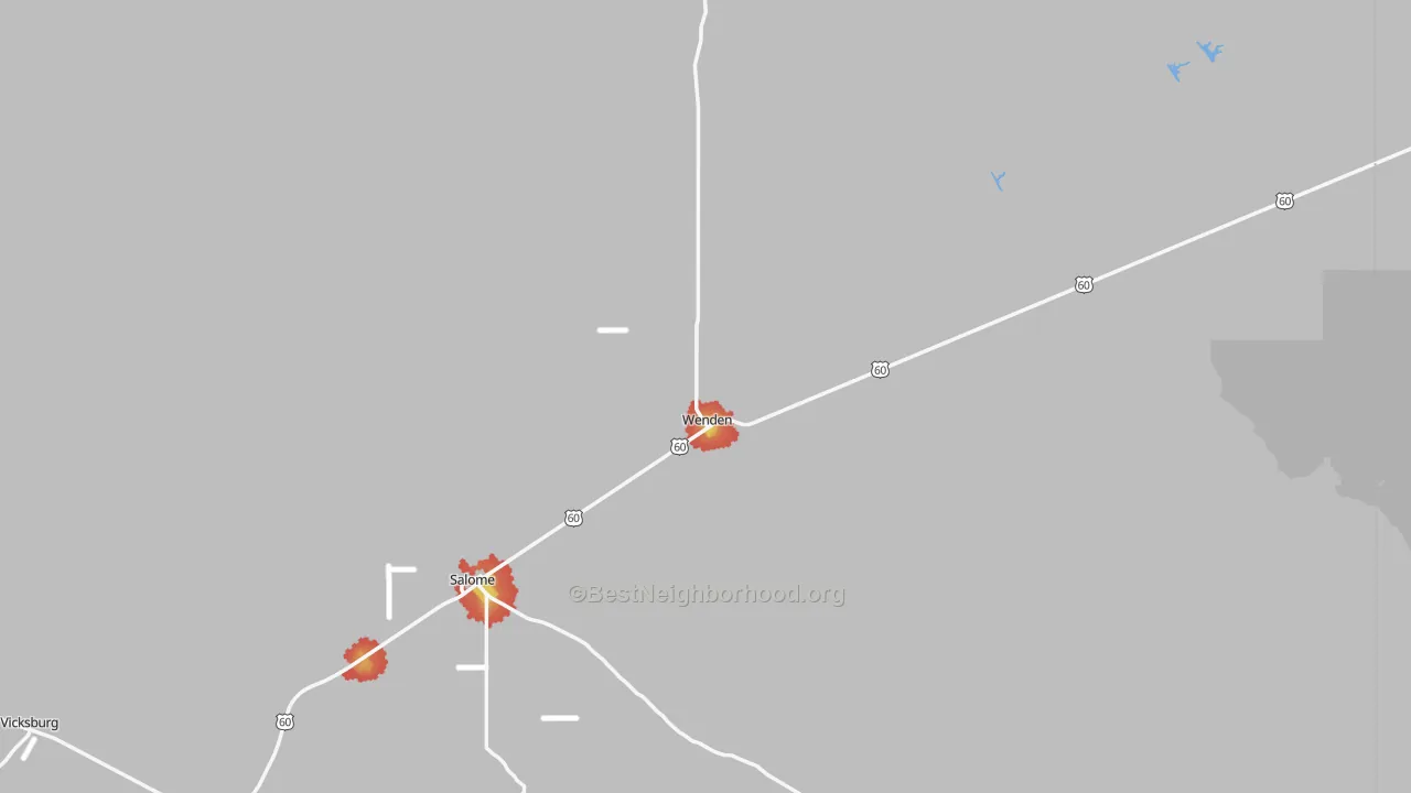 Walk Grade map of Wenden, AZ, walkable areas in green and car-dependent areas in red