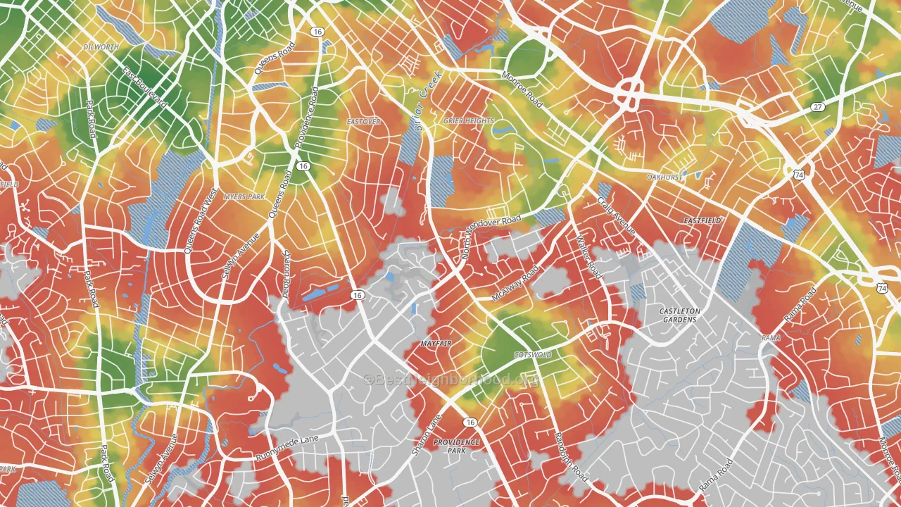 Walk Grade map of Wendover-Sedgewood, Charlotte, NC, walkable areas in green and car-dependent areas in red