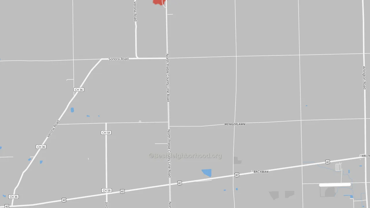Walk Grade map of Wengerlawn, OH, walkable areas in green and car-dependent areas in red