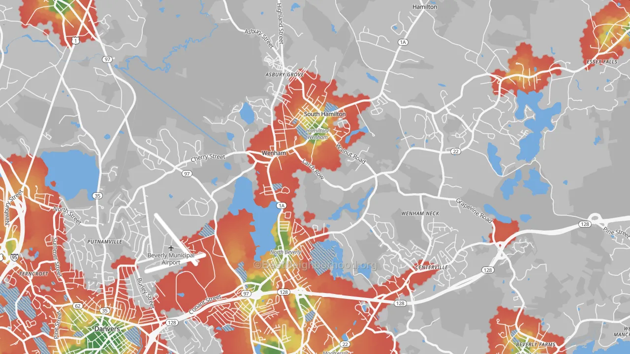 Walk Grade map of Wenham, MA, walkable areas in green and car-dependent areas in red