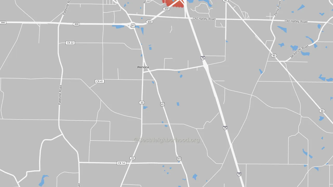 Walk Grade map of Wenona, GA, walkable areas in green and car-dependent areas in red