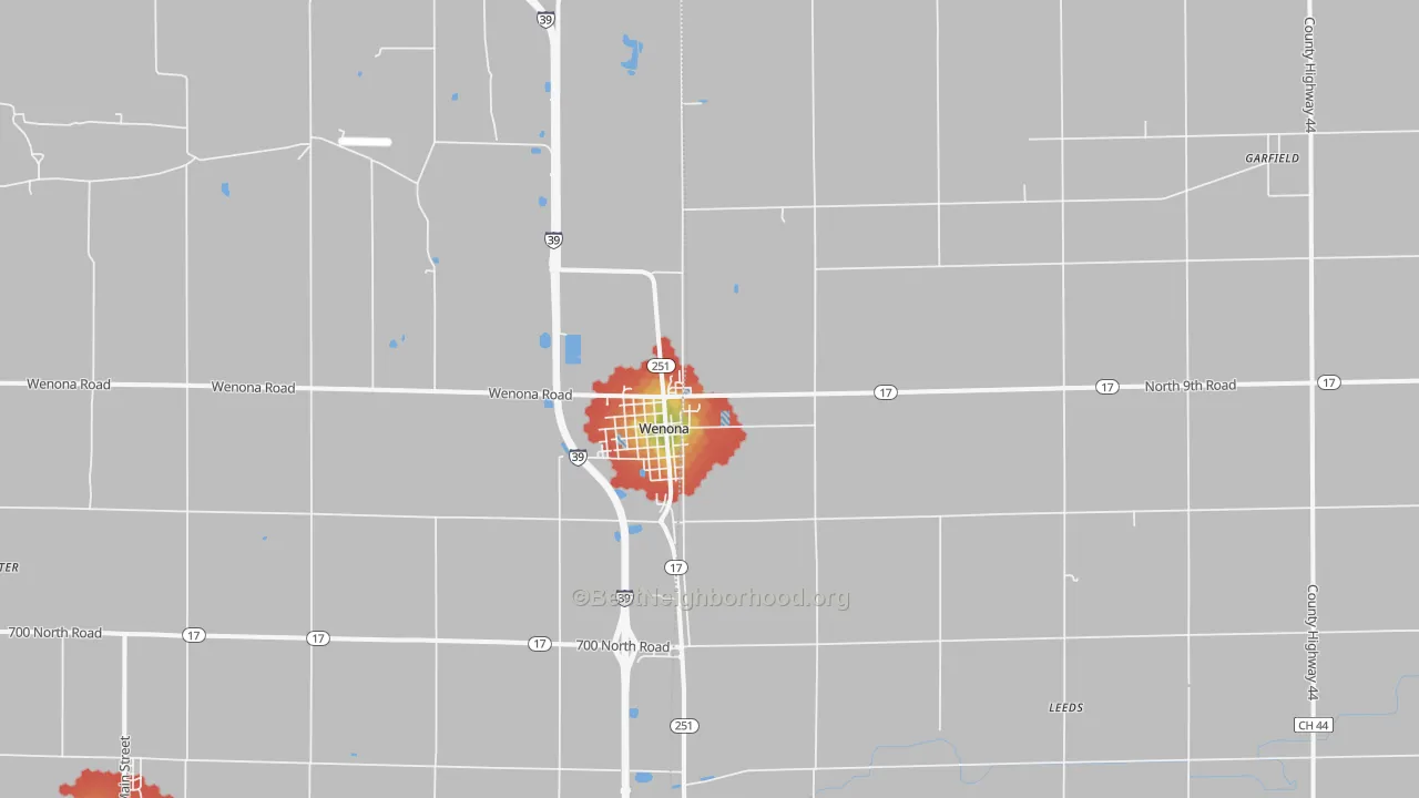 Walk Grade map of Wenona, IL, walkable areas in green and car-dependent areas in red