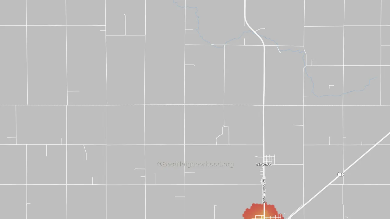 Walk Grade map of Wenonah, IL, walkable areas in green and car-dependent areas in red