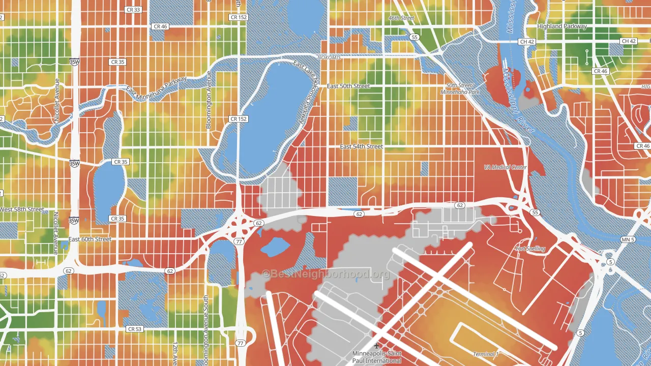 Walk Grade map of Wenonah, Minneapolis, MN, walkable areas in green and car-dependent areas in red