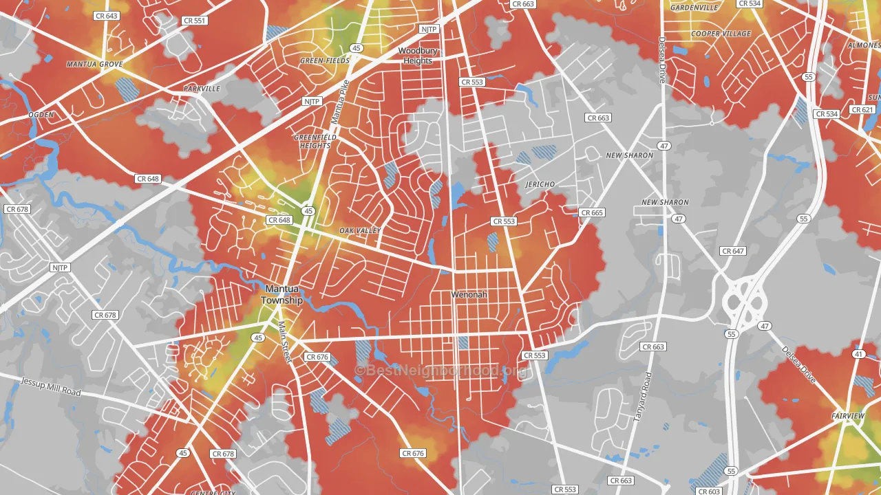 Walk Grade map of Wenonah, NJ, walkable areas in green and car-dependent areas in red