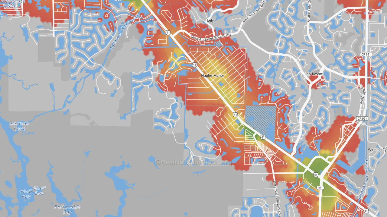 Walk Grade map of Wentworth Estates, Naples, FL, walkable areas in green and car-dependent areas in red