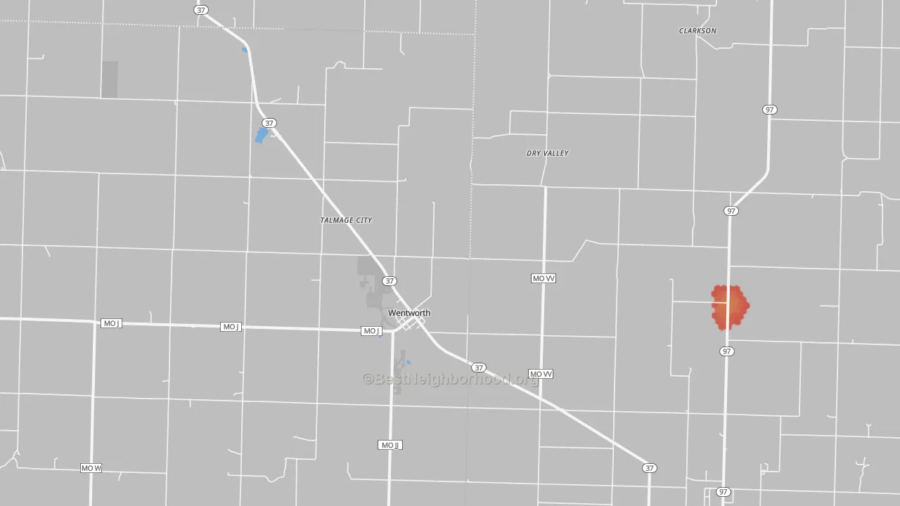 Walk Grade map of Wentworth, MO, walkable areas in green and car-dependent areas in red