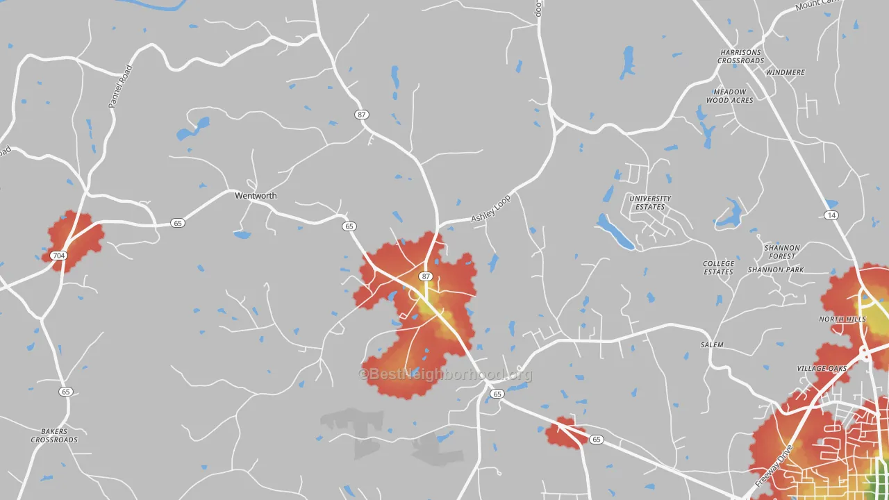 Walk Grade map of Wentworth, NC, walkable areas in green and car-dependent areas in red