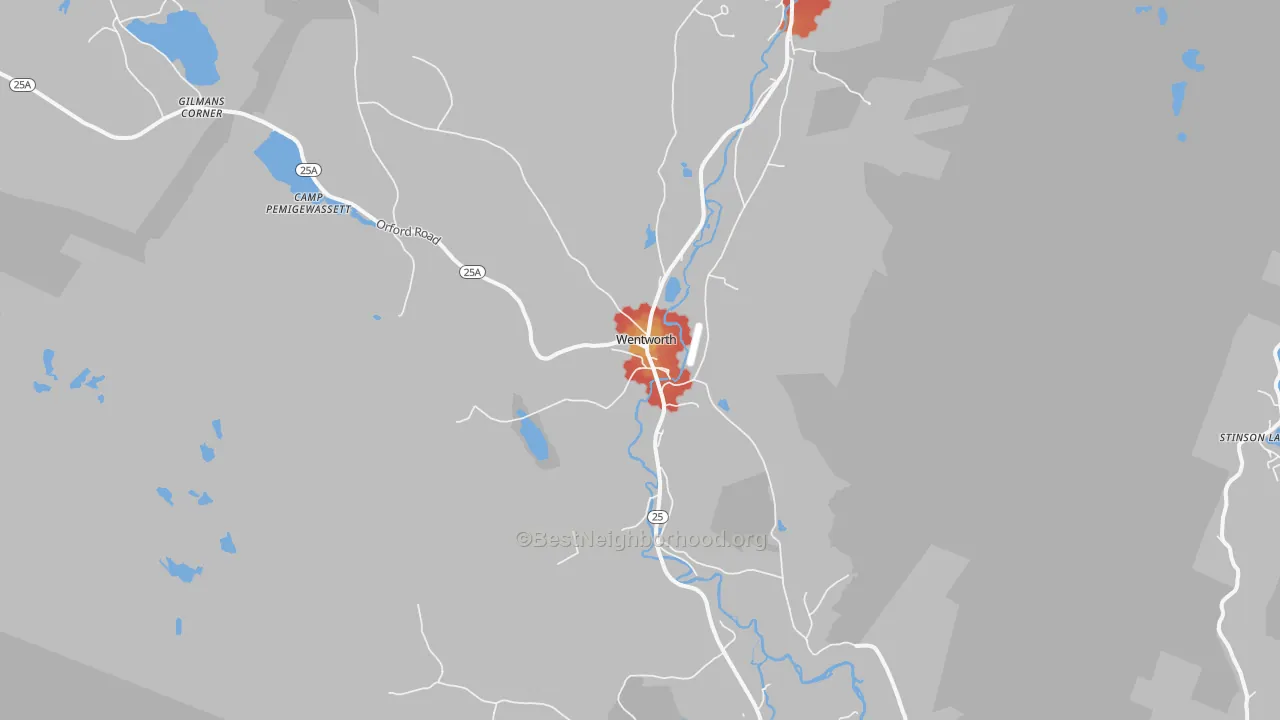 Walk Grade map of Wentworth, NH, walkable areas in green and car-dependent areas in red