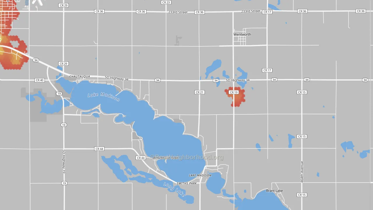 Walk Grade map of Wentworth, SD, walkable areas in green and car-dependent areas in red