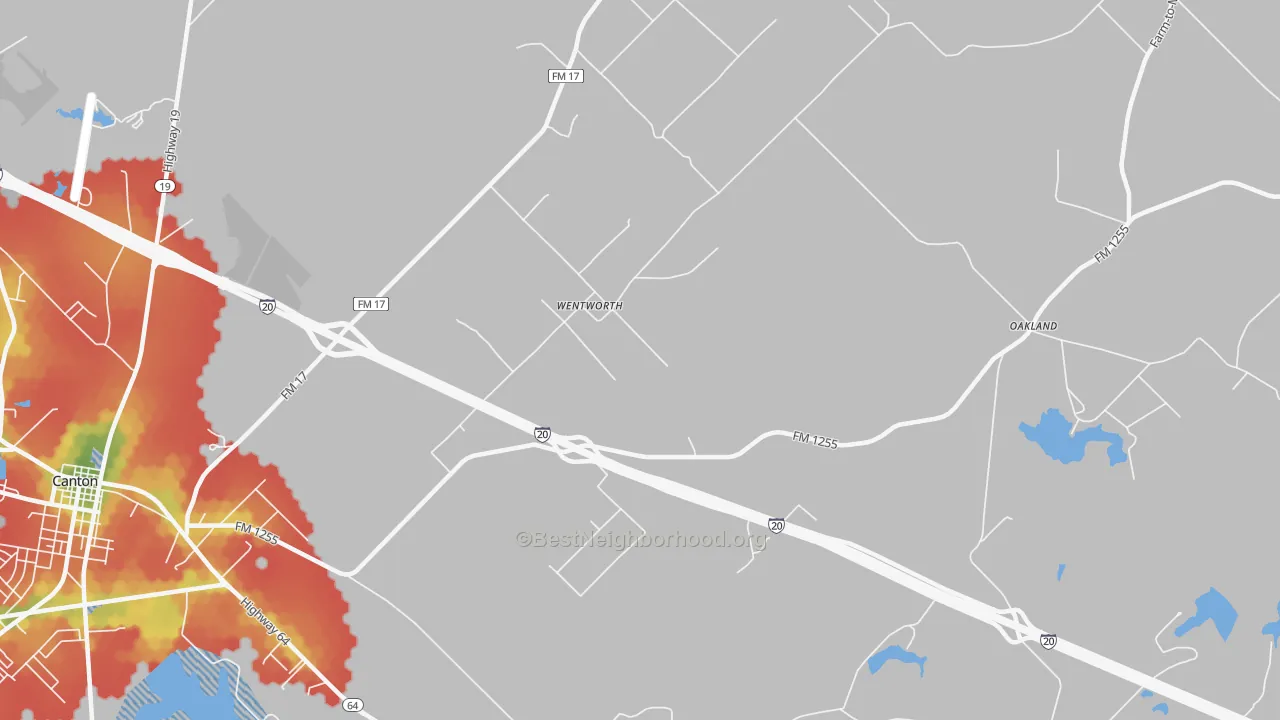 Walk Grade map of Wentworth, TX, walkable areas in green and car-dependent areas in red