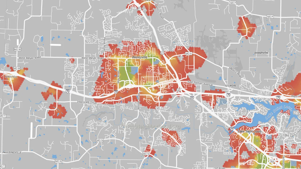 Walk Grade map of Wentzville, MO, walkable areas in green and car-dependent areas in red