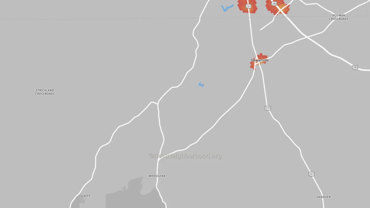 Walk Grade map of Weogufka, AL, walkable areas in green and car-dependent areas in red