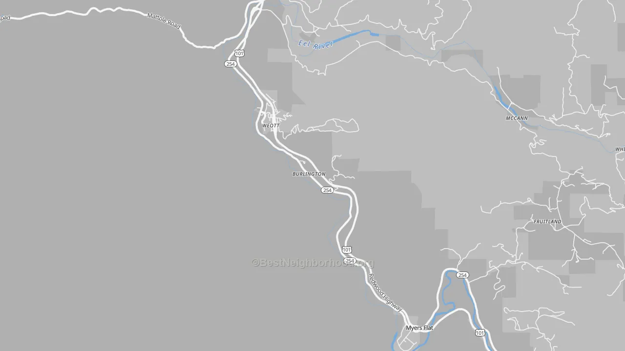 Walk Grade map of Weott, CA, walkable areas in green and car-dependent areas in red