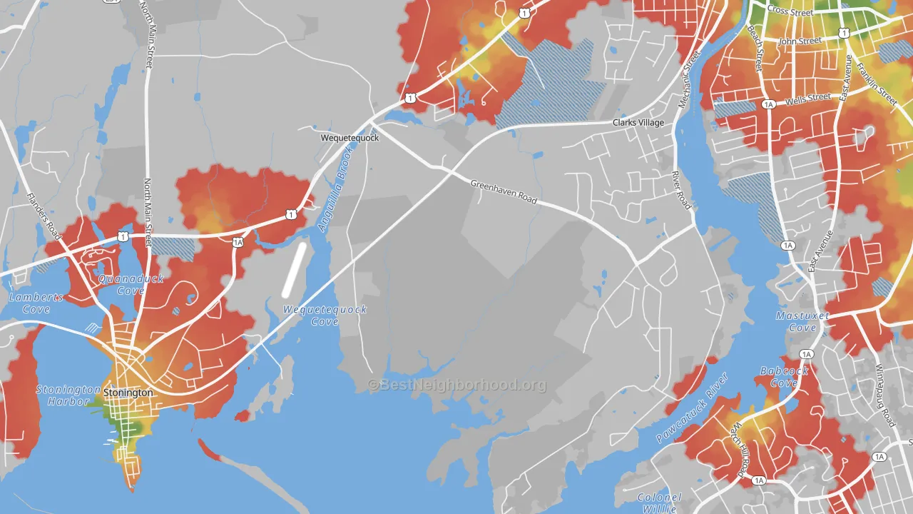 Walk Grade map of Wequetequock, CT, walkable areas in green and car-dependent areas in red