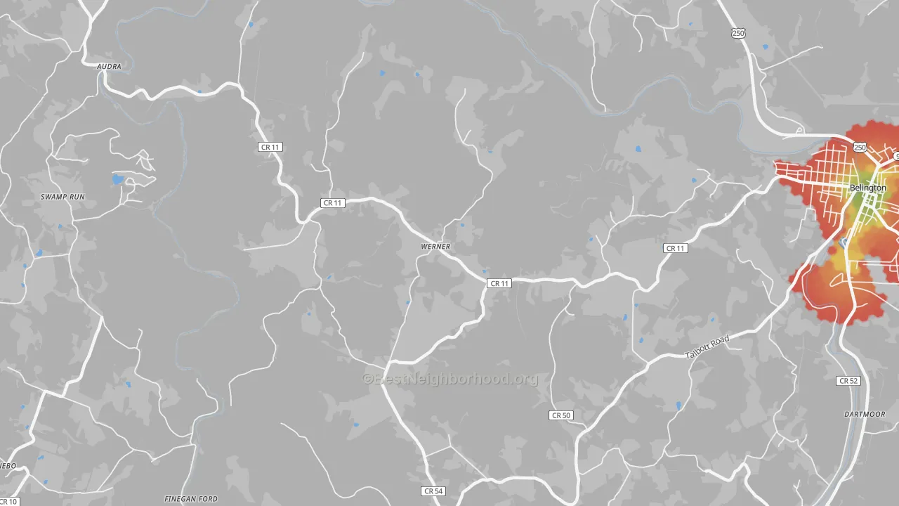 Walk Grade map of Werner, WV, walkable areas in green and car-dependent areas in red