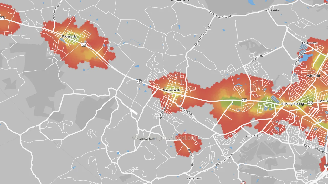 Walk Grade map of Wernersville, PA, walkable areas in green and car-dependent areas in red