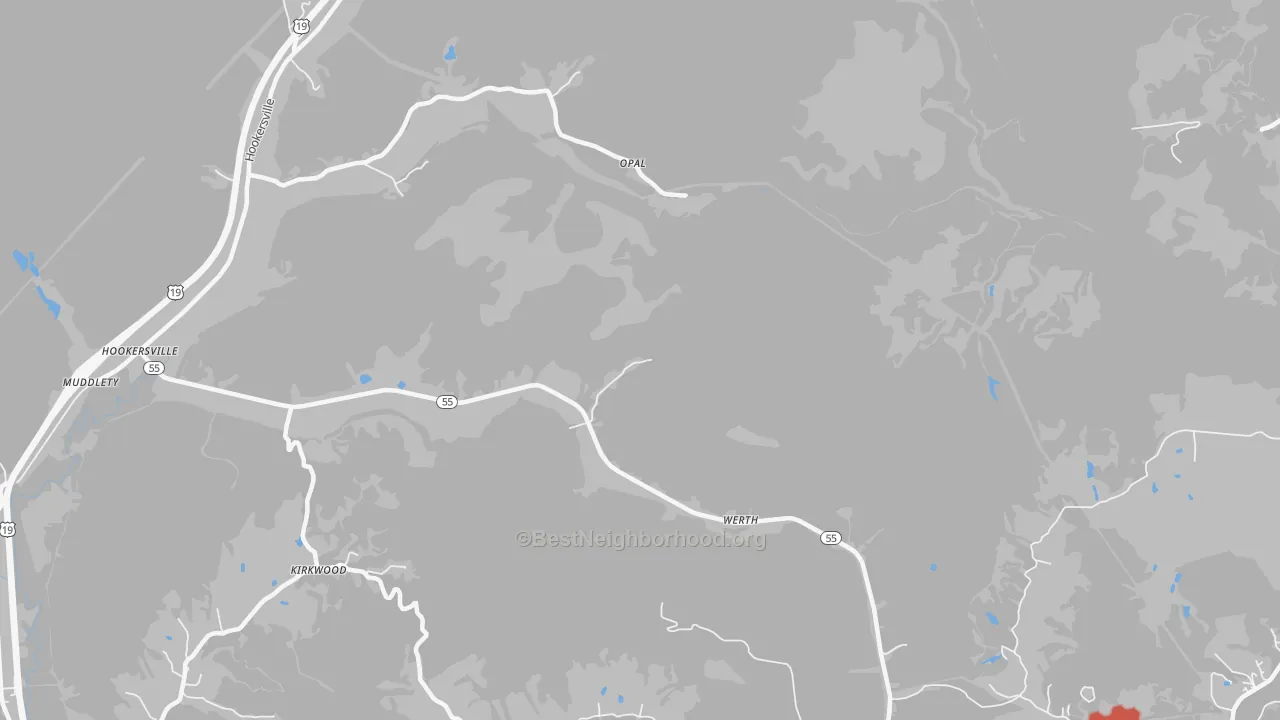 Walk Grade map of Werth, WV, walkable areas in green and car-dependent areas in red