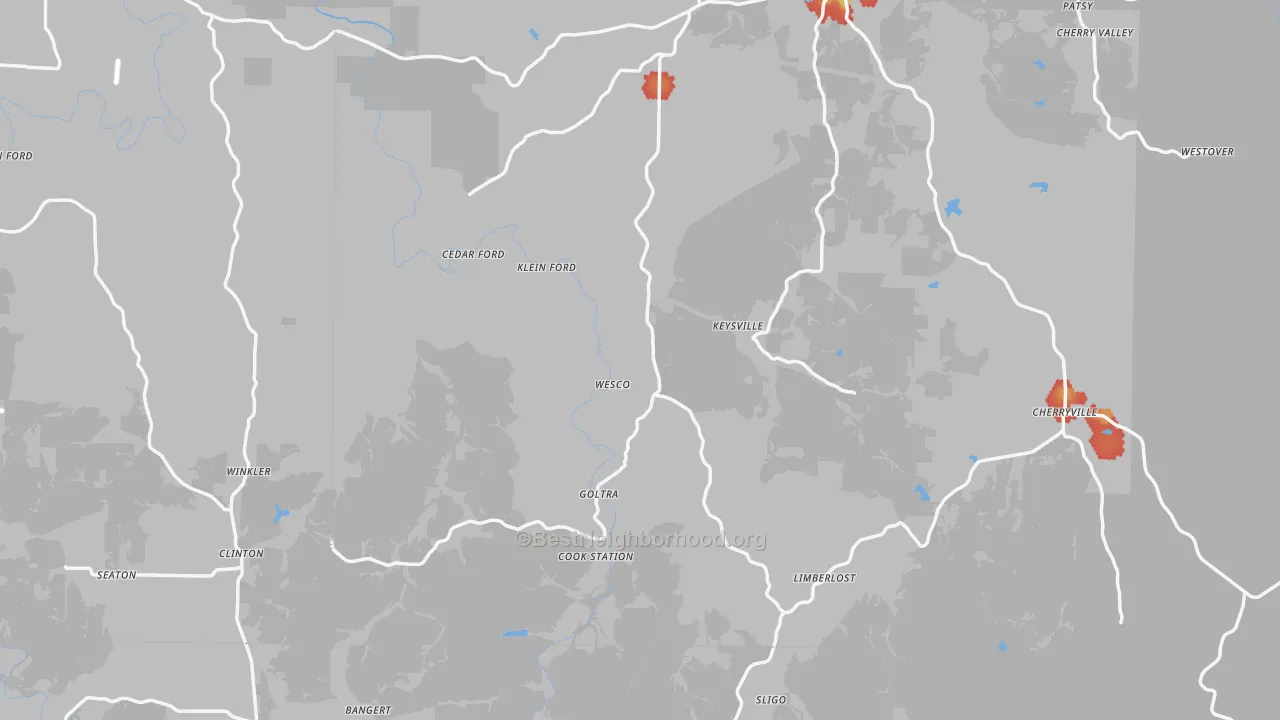 Walk Grade map of Wesco, MO, walkable areas in green and car-dependent areas in red
