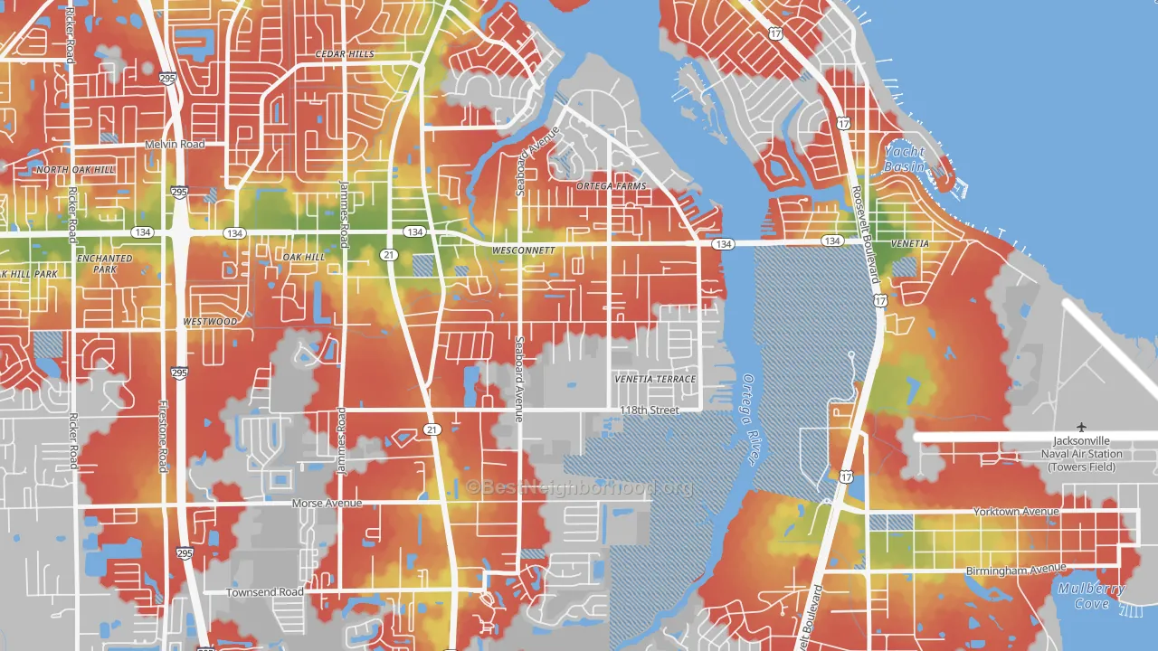Walk Grade map of Wesconnett, Jacksonville, FL, walkable areas in green and car-dependent areas in red