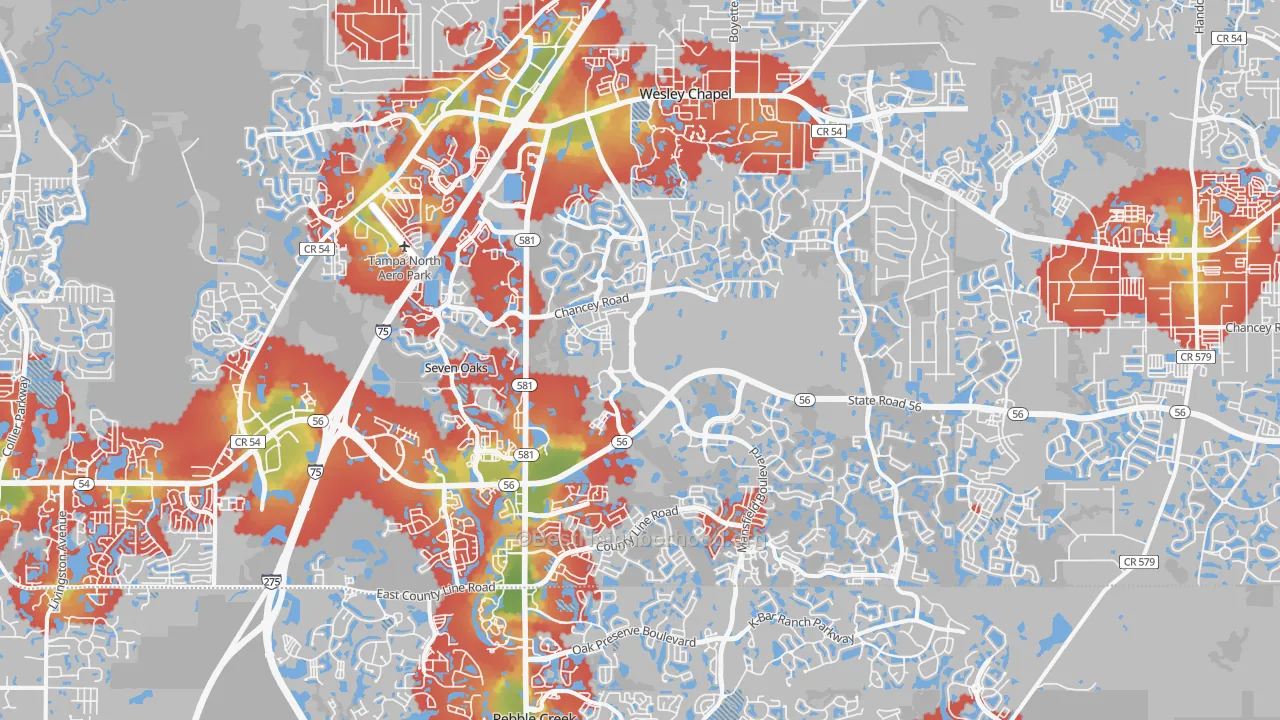 Walk Grade map of Wesley Chapel, FL, walkable areas in green and car-dependent areas in red