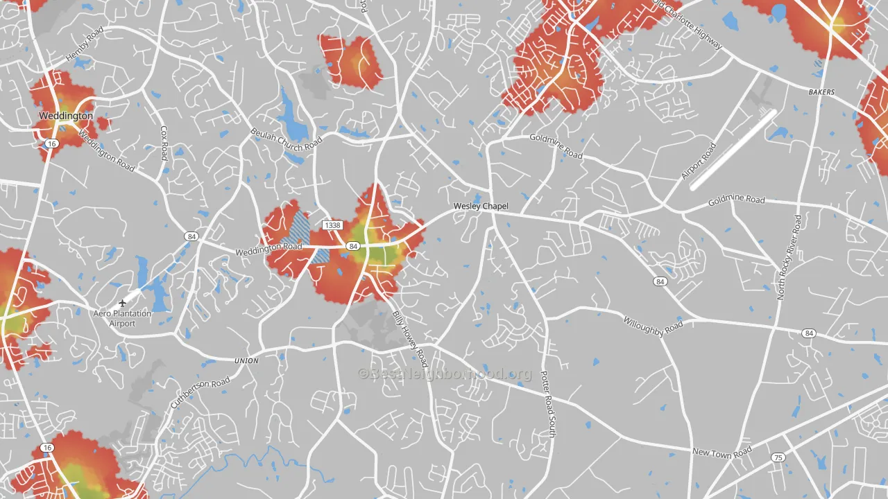 Walk Grade map of Wesley Chapel, NC, walkable areas in green and car-dependent areas in red