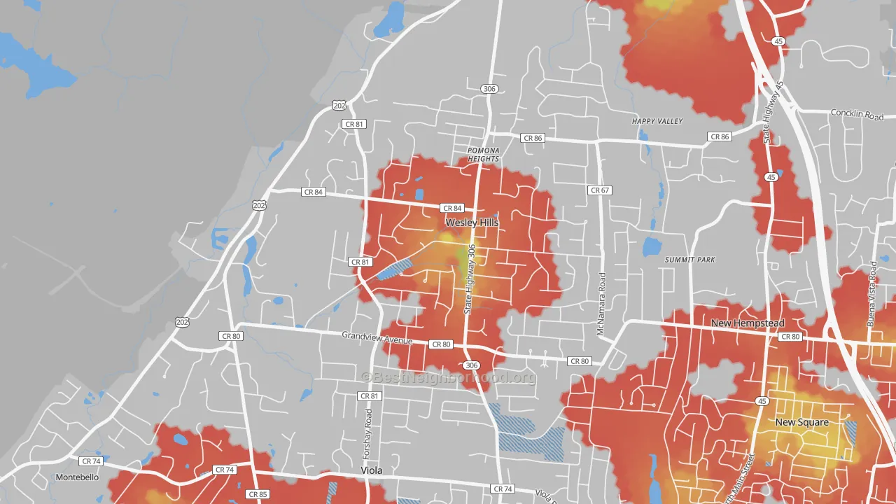 Walk Grade map of Wesley Hills, NY, walkable areas in green and car-dependent areas in red