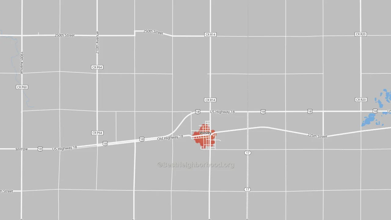 Walk Grade map of Wesley, IA, walkable areas in green and car-dependent areas in red